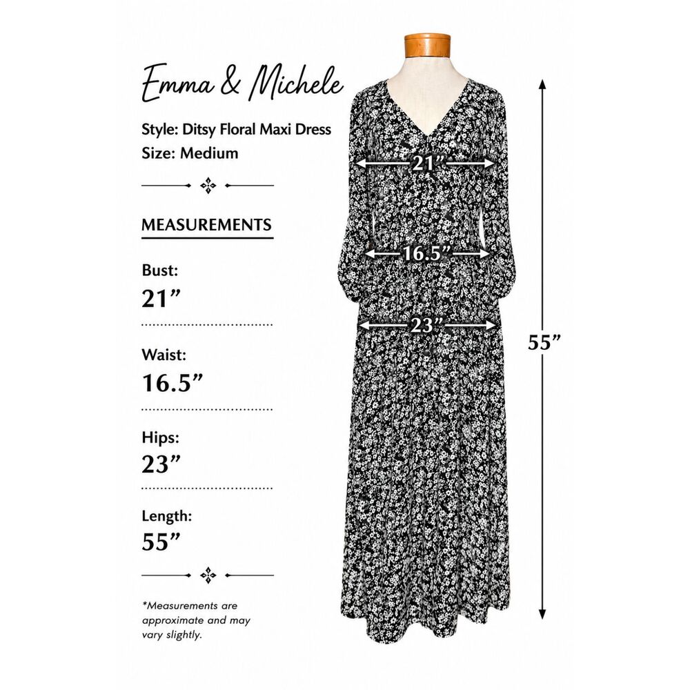 Emma Michele Floral Maxi Dress M Black White Ditsy 90s Style Sheer V-Neck Whimsy - Picture 6 of 10